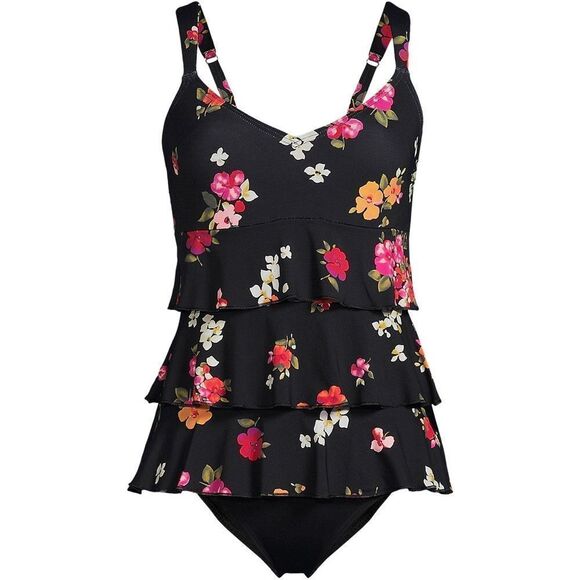 Land's End One Piece smoothing Control Fauxkini Swimsuit Black Meadow Floral 18W - Picture 1 of 5